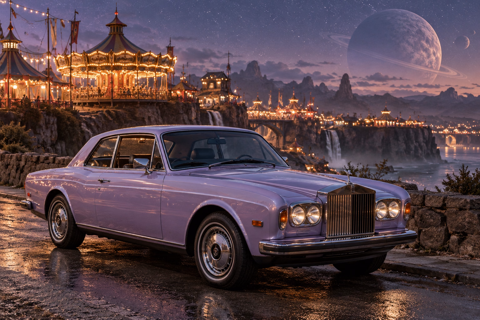 AI-generated lavender classic luxury coupe in The Quiet Carnival. A strange and beautiful fairground waits beneath the stars.