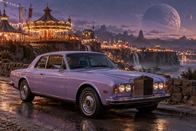 AI-generated lavender classic luxury coupe in The Quiet Carnival. A strange and beautiful fairground waits beneath the stars.