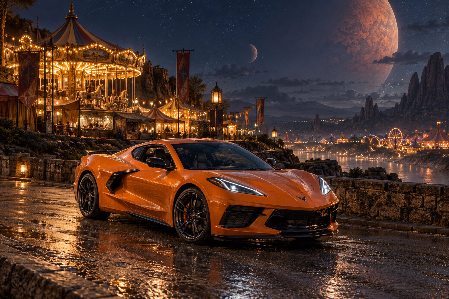 AI-generated orange mid-engine sports coupe in The Quiet Carnival. A strange and beautiful fairground waits beneath the stars.