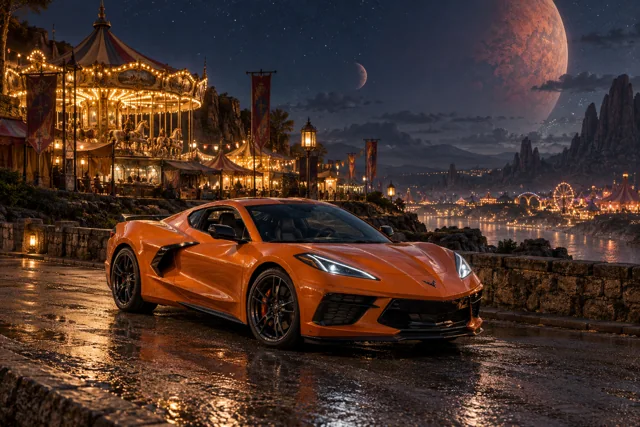 AI-generated orange mid-engine sports coupe in The Quiet Carnival. A strange and beautiful fairground waits beneath the stars.