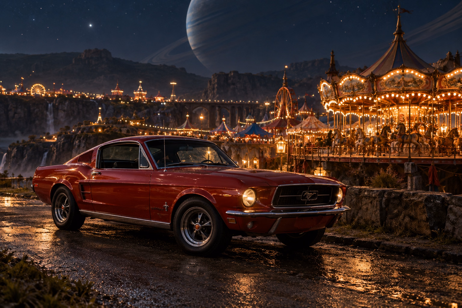 AI-generated red classic fastback in The Quiet Carnival. A strange and beautiful fairground waits beneath the stars.