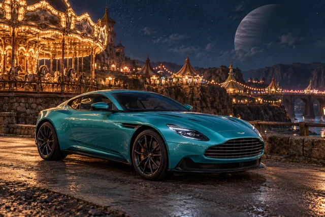 AI-generated turquoise performance touring coupe in The Quiet Carnival. A strange and beautiful fairground waits beneath the stars.