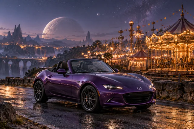 AI-generated violet open-top roadster in The Quiet Carnival. A strange and beautiful fairground waits beneath the stars.