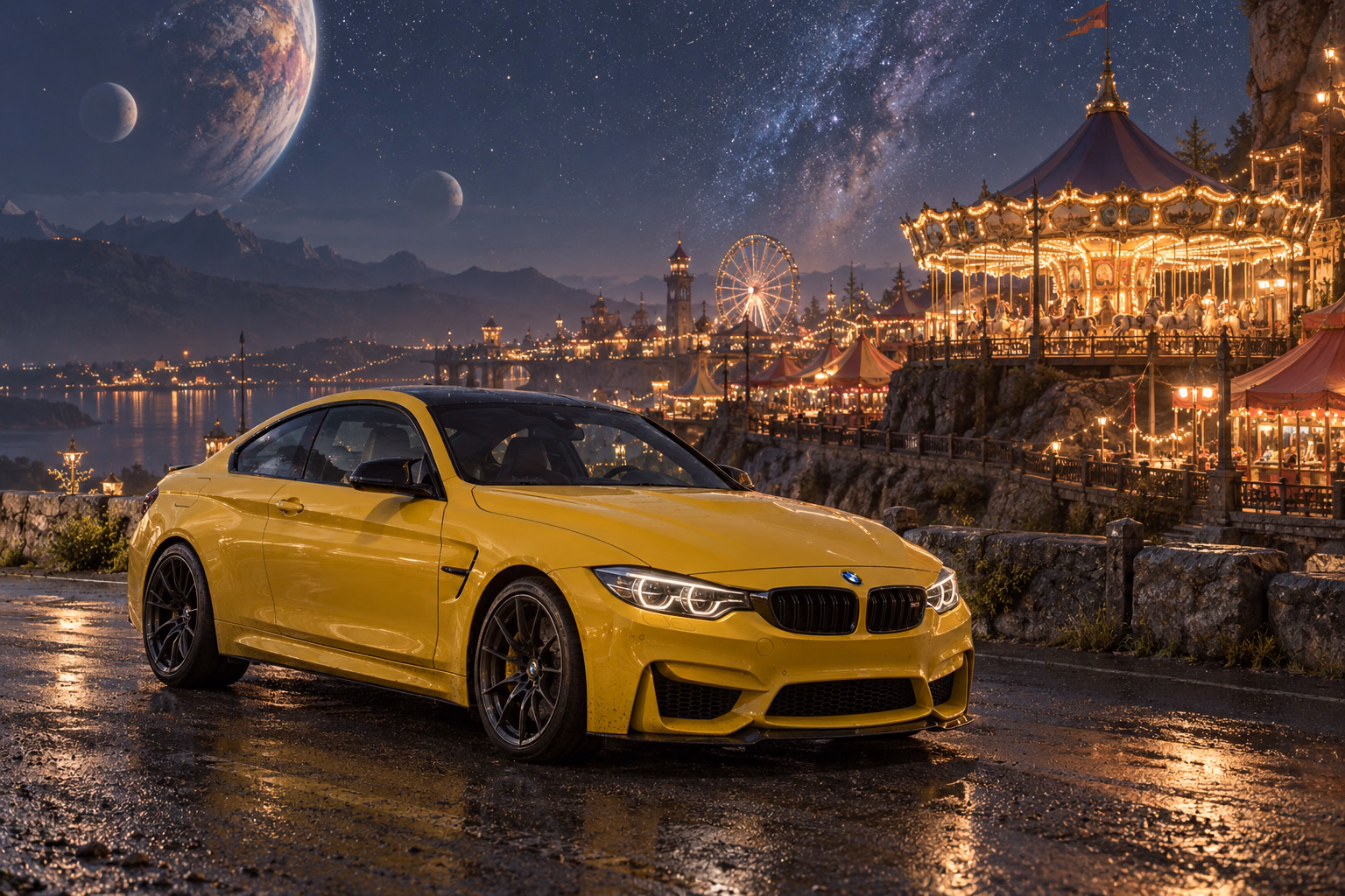 AI-generated yellow performance coupe in The Quiet Carnival. A strange and beautiful fairground waits beneath the stars.