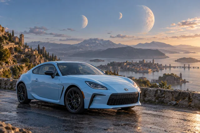AI-generated baby blue sports coupe in Triune. Three moons share a sky above quiet roads.