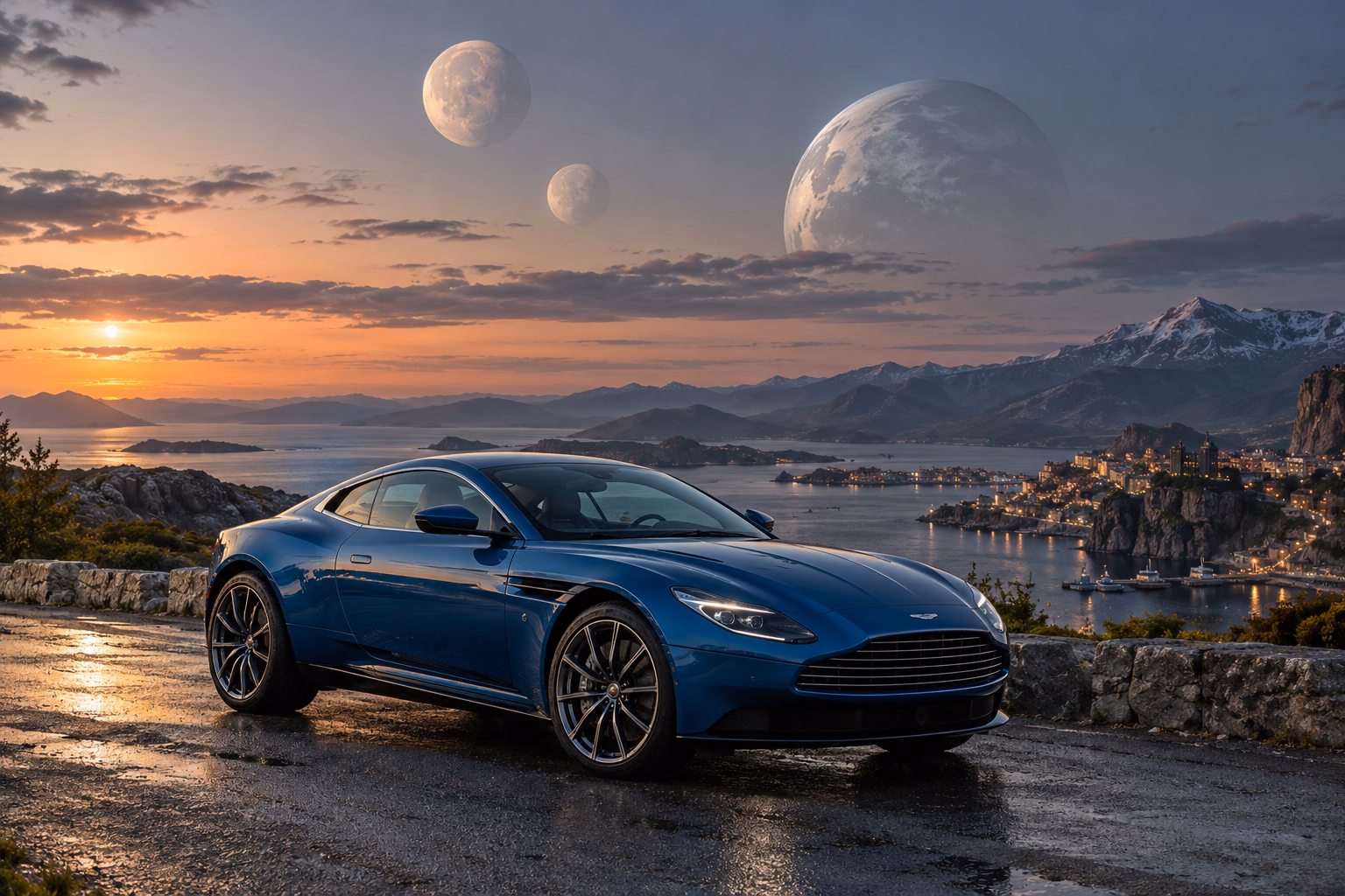 AI-generated blue grand touring coupe in Triune. Three moons share a sky above quiet roads.