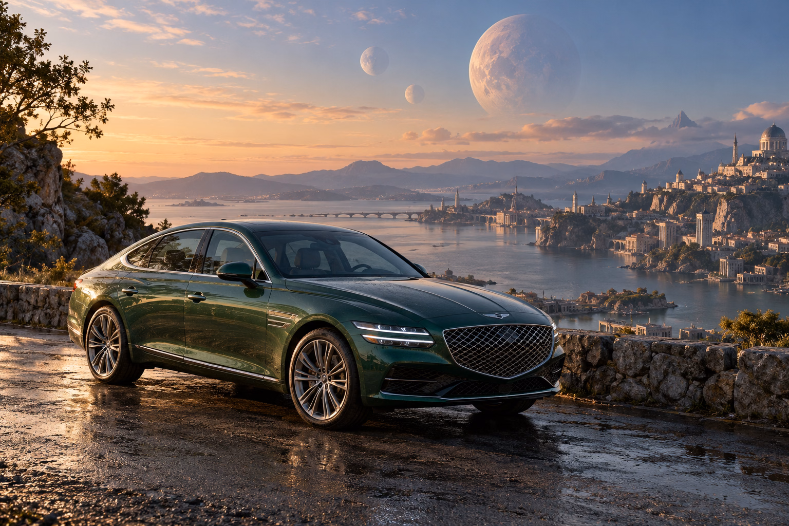AI-generated green luxury sedan in Triune. Three moons share a sky above quiet roads.