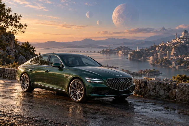 AI-generated green luxury sedan in Triune. Three moons share a sky above quiet roads.