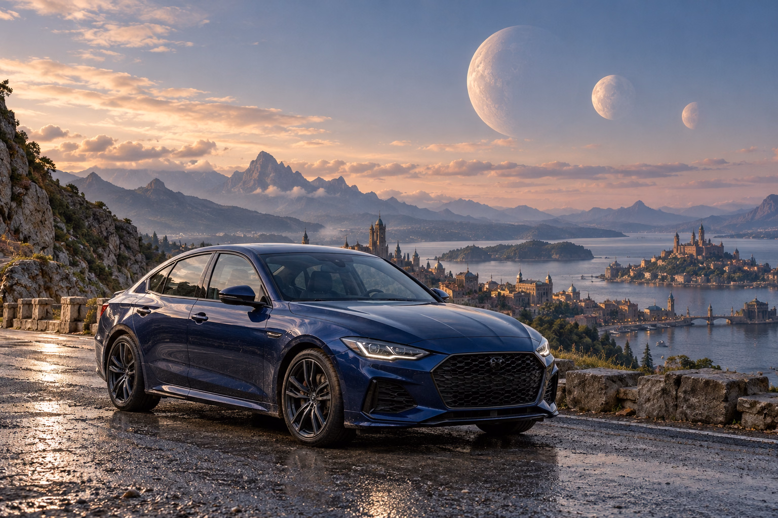 AI-generated indigo sports sedan in Triune. Three moons share a sky above quiet roads.