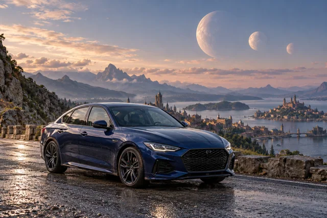 AI-generated indigo sports sedan in Triune. Three moons share a sky above quiet roads.