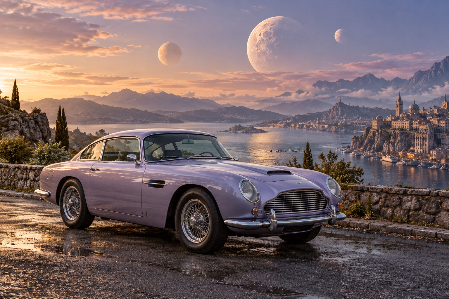 AI-generated lavender classic luxury coupe in Triune. Three moons share a sky above quiet roads.
