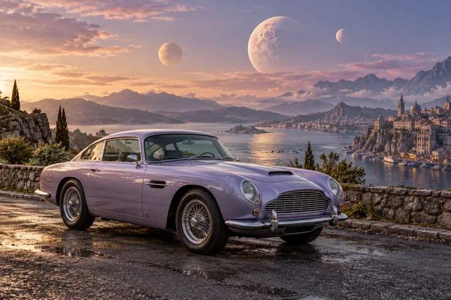 AI-generated lavender classic luxury coupe in Triune. Three moons share a sky above quiet roads.