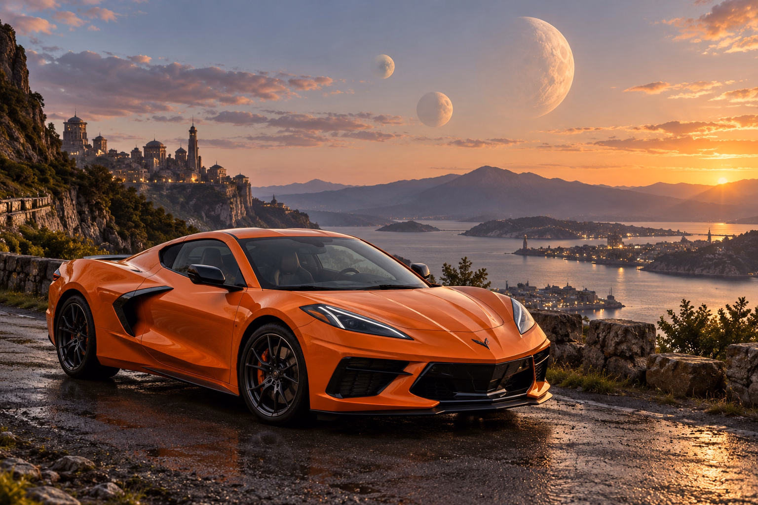 AI-generated orange mid-engine sports coupe in Triune. Three moons share a sky above quiet roads.