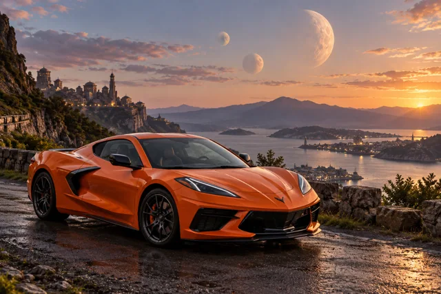 AI-generated orange mid-engine sports coupe in Triune. Three moons share a sky above quiet roads.