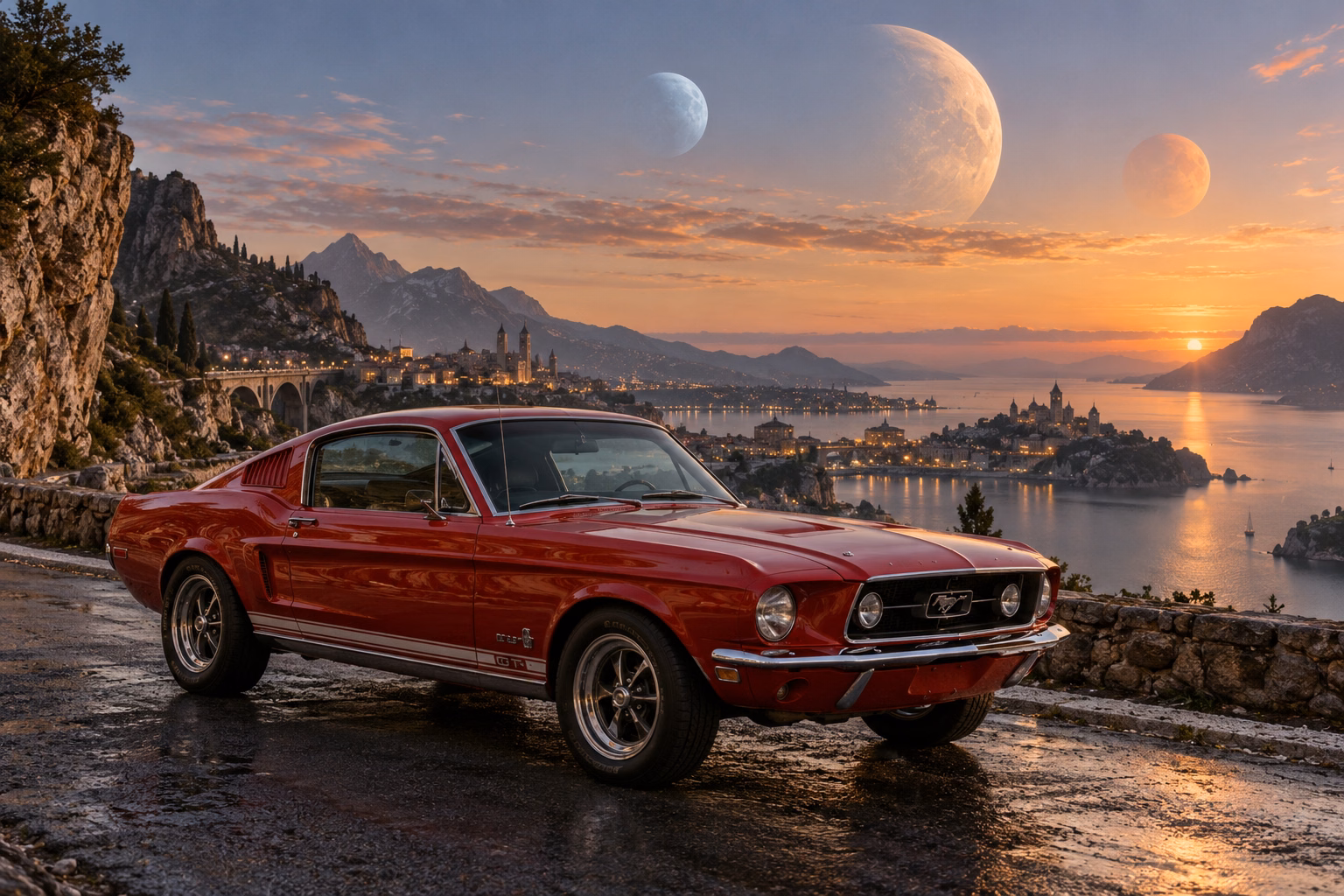AI-generated red classic fastback in Triune. Three moons share a sky above quiet roads.