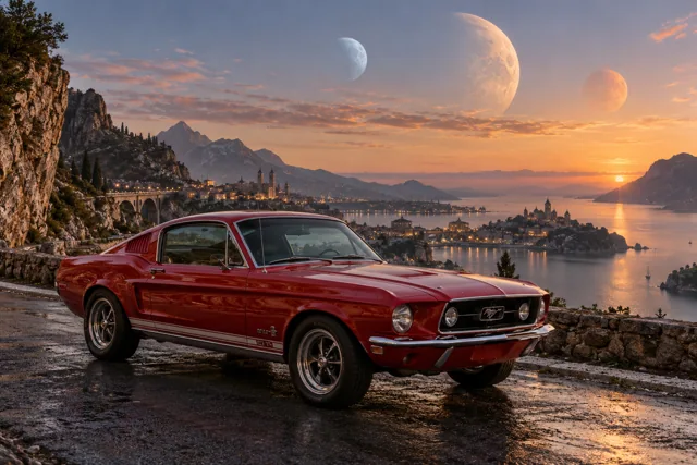 AI-generated red classic fastback in Triune. Three moons share a sky above quiet roads.