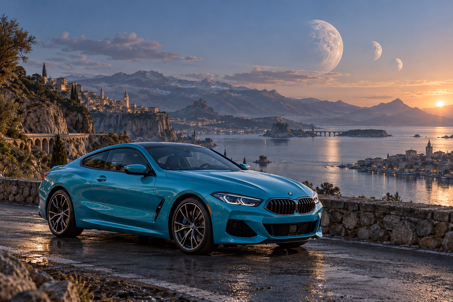 AI-generated turquoise performance touring coupe in Triune. Three moons share a sky above quiet roads.