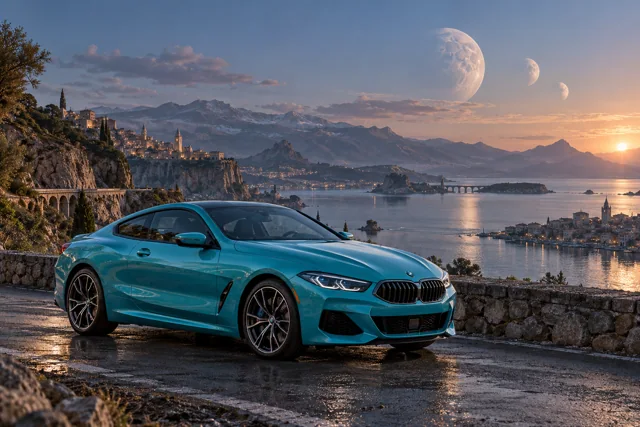 AI-generated turquoise performance touring coupe in Triune. Three moons share a sky above quiet roads.