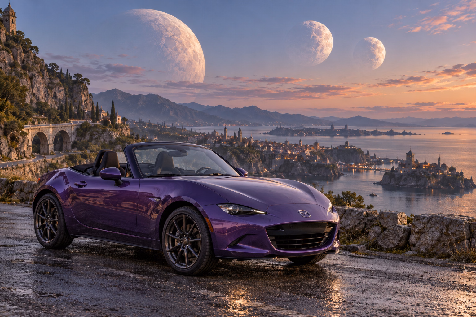 AI-generated violet open-top roadster in Triune. Three moons share a sky above quiet roads.