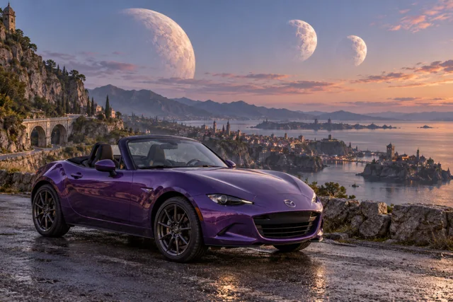 AI-generated violet open-top roadster in Triune. Three moons share a sky above quiet roads.