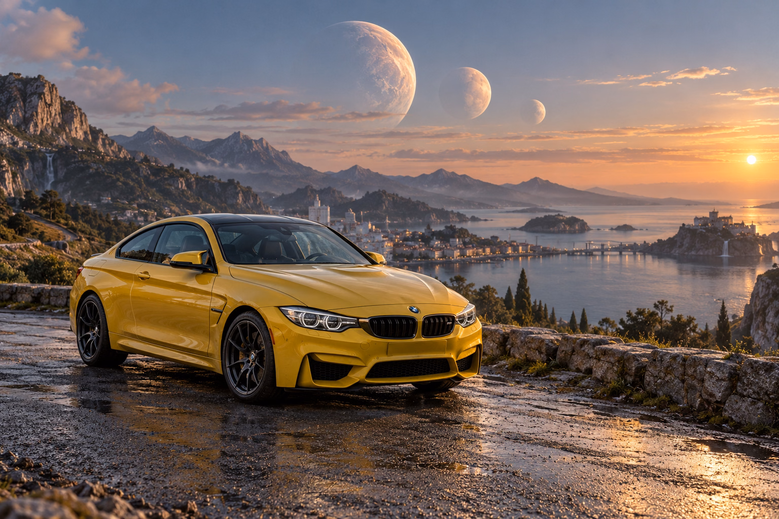 AI-generated yellow performance coupe in Triune. Three moons share a sky above quiet roads.