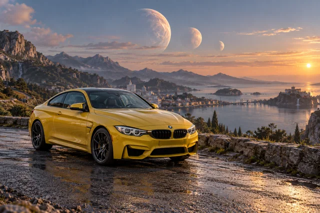 AI-generated yellow performance coupe in Triune. Three moons share a sky above quiet roads.