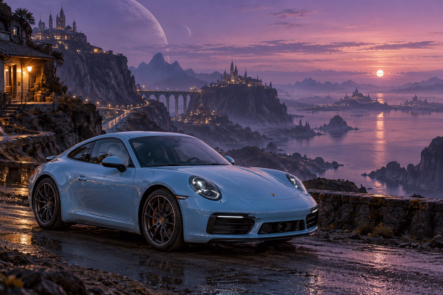 AI-generated baby blue sports coupe in Velvet Dusk. Distant structures dissolve into a long violet twilight.