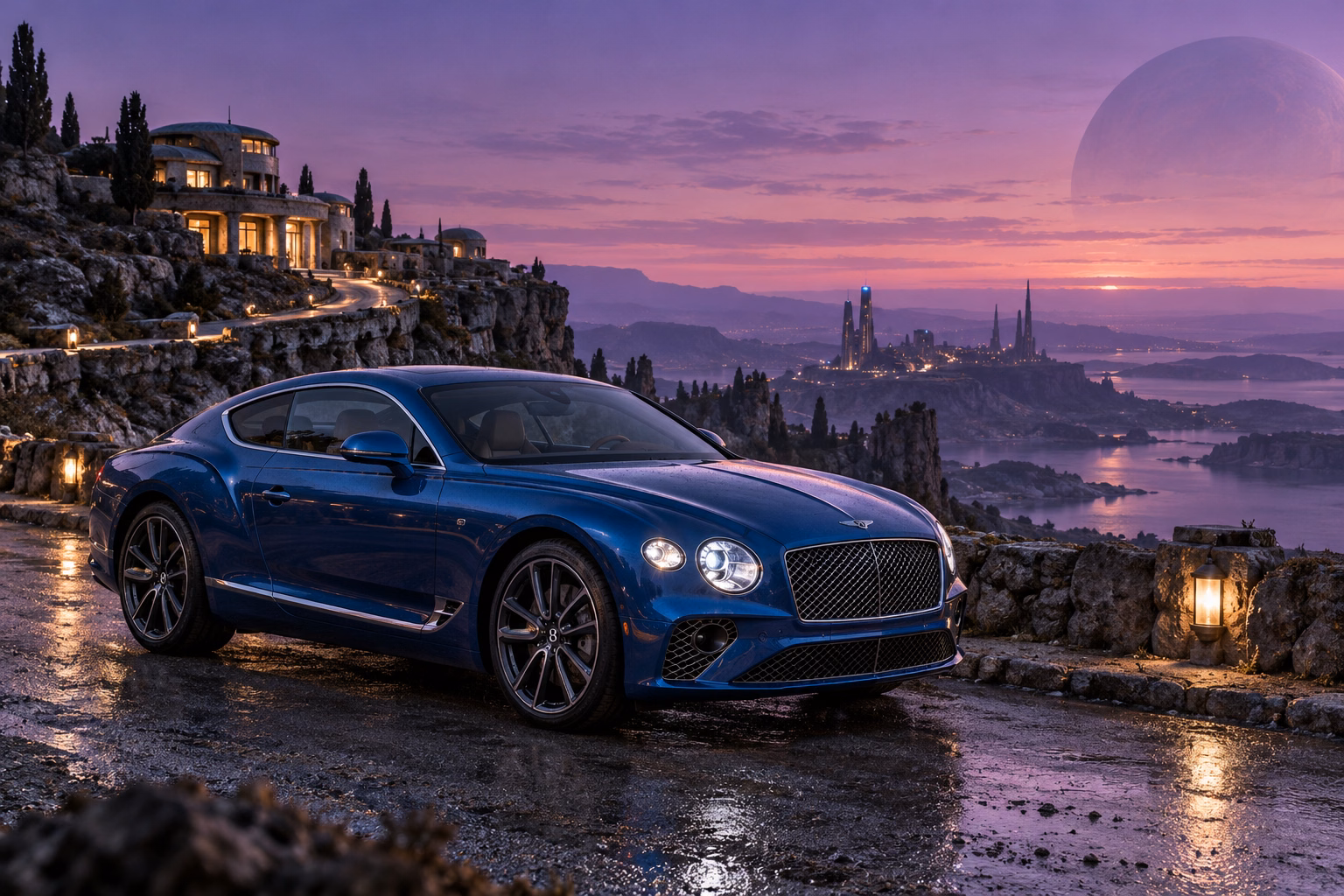 AI-generated blue grand touring coupe in Velvet Dusk. Distant structures dissolve into a long violet twilight.