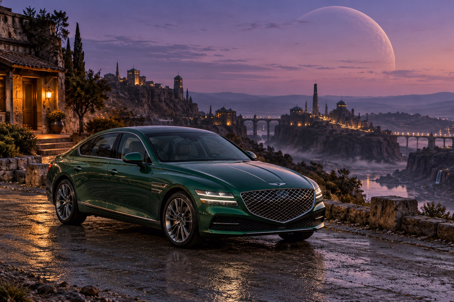 AI-generated green luxury sedan in Velvet Dusk. Distant structures dissolve into a long violet twilight.