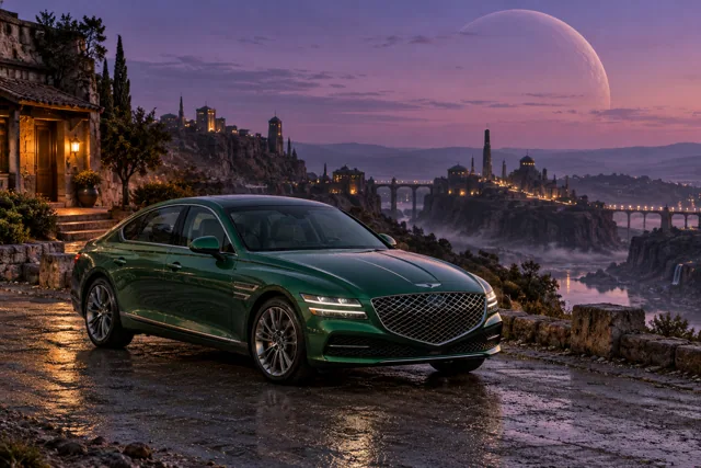 AI-generated green luxury sedan in Velvet Dusk. Distant structures dissolve into a long violet twilight.