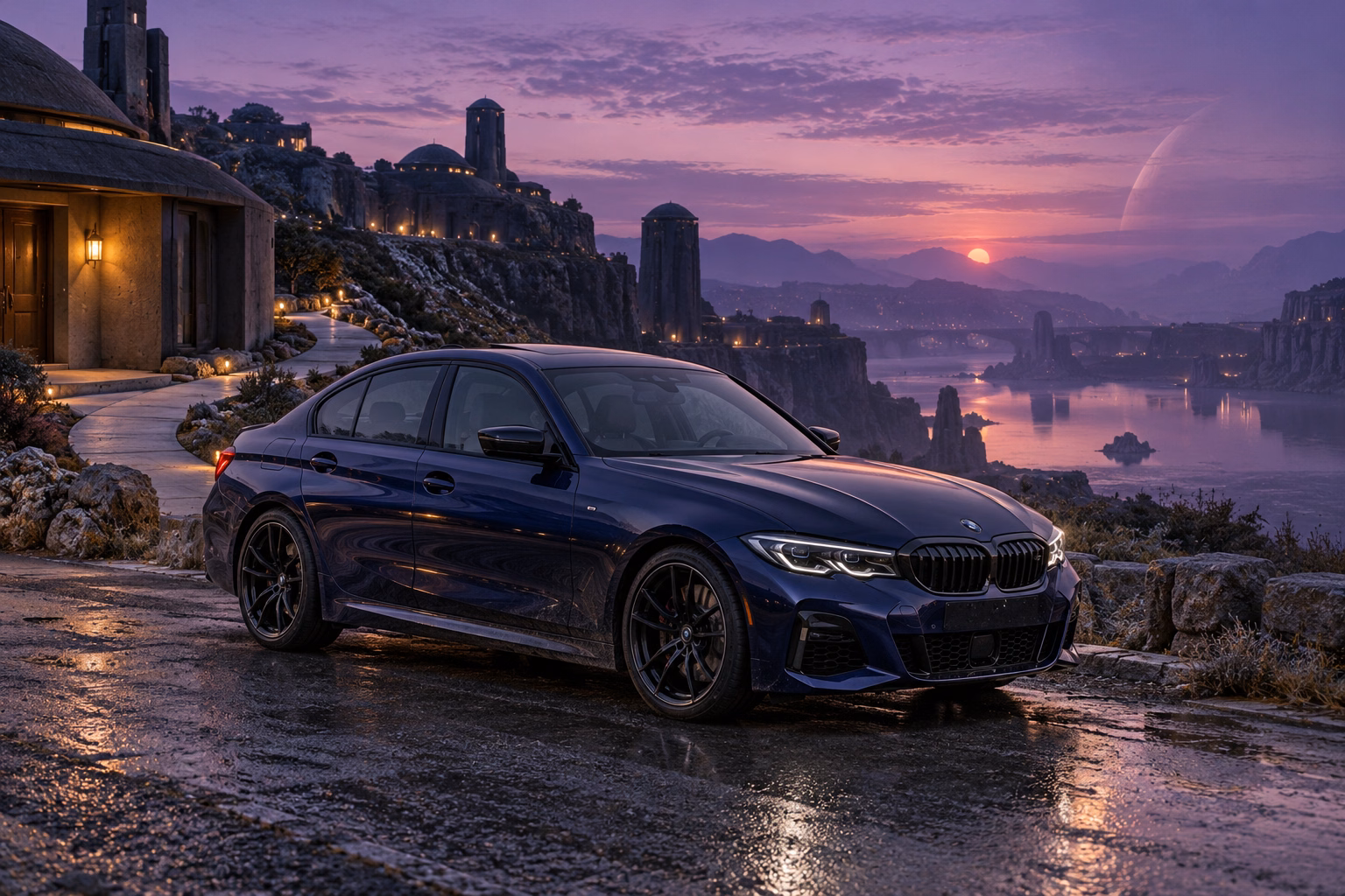 AI-generated indigo sports sedan in Velvet Dusk. Distant structures dissolve into a long violet twilight.