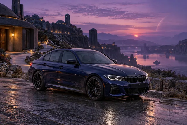 AI-generated indigo sports sedan in Velvet Dusk. Distant structures dissolve into a long violet twilight.