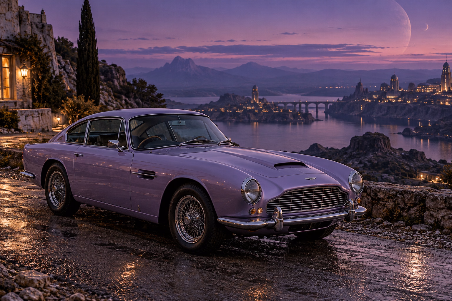 AI-generated lavender classic luxury coupe in Velvet Dusk. Distant structures dissolve into a long violet twilight.