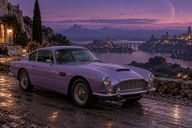 AI-generated lavender classic luxury coupe in Velvet Dusk. Distant structures dissolve into a long violet twilight.