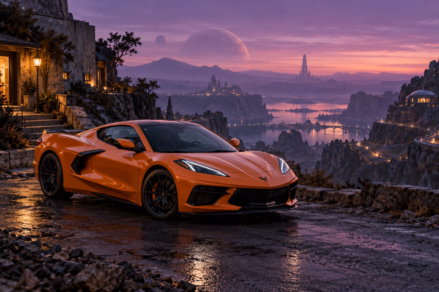AI-generated orange mid-engine sports coupe in Velvet Dusk. Distant structures dissolve into a long violet twilight.