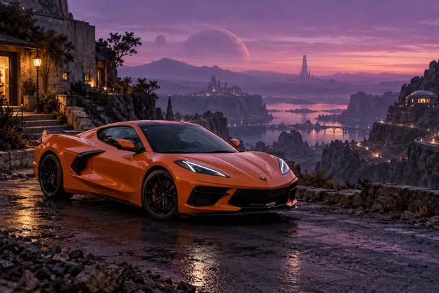 AI-generated orange mid-engine sports coupe in Velvet Dusk. Distant structures dissolve into a long violet twilight.
