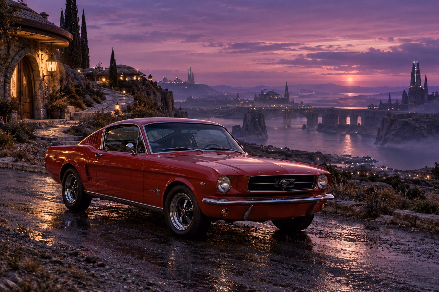 AI-generated red classic fastback in Velvet Dusk. Distant structures dissolve into a long violet twilight.