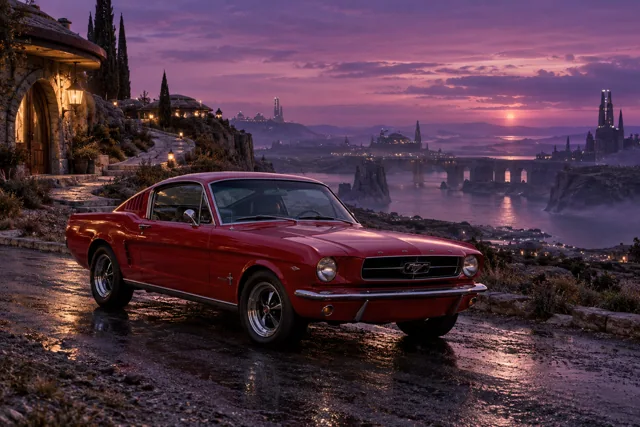 AI-generated red classic fastback in Velvet Dusk. Distant structures dissolve into a long violet twilight.