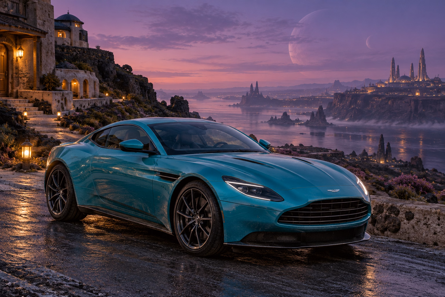 AI-generated turquoise performance touring coupe in Velvet Dusk. Distant structures dissolve into a long violet twilight.