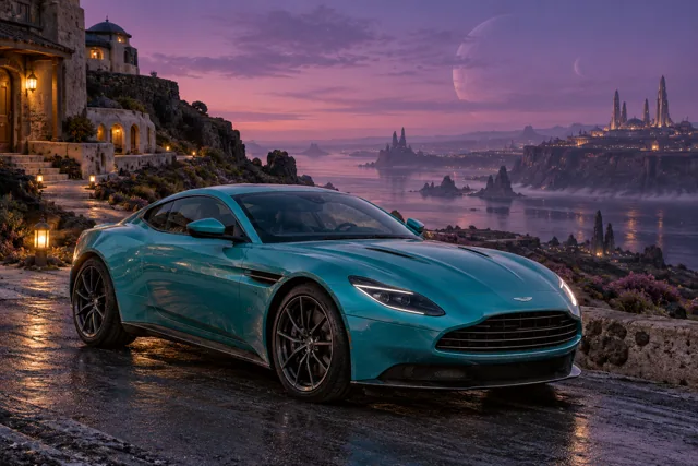 AI-generated turquoise performance touring coupe in Velvet Dusk. Distant structures dissolve into a long violet twilight.