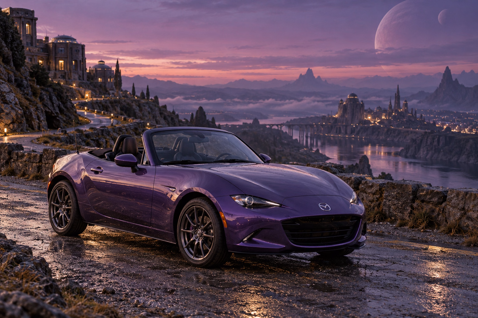 AI-generated violet open-top roadster in Velvet Dusk. Distant structures dissolve into a long violet twilight.