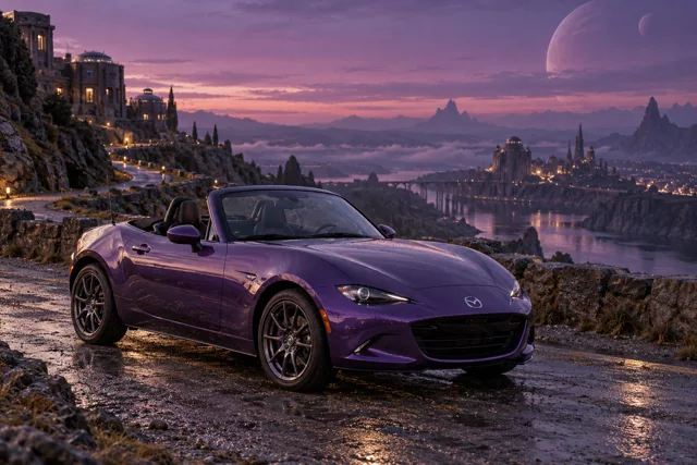 AI-generated violet open-top roadster in Velvet Dusk. Distant structures dissolve into a long violet twilight.