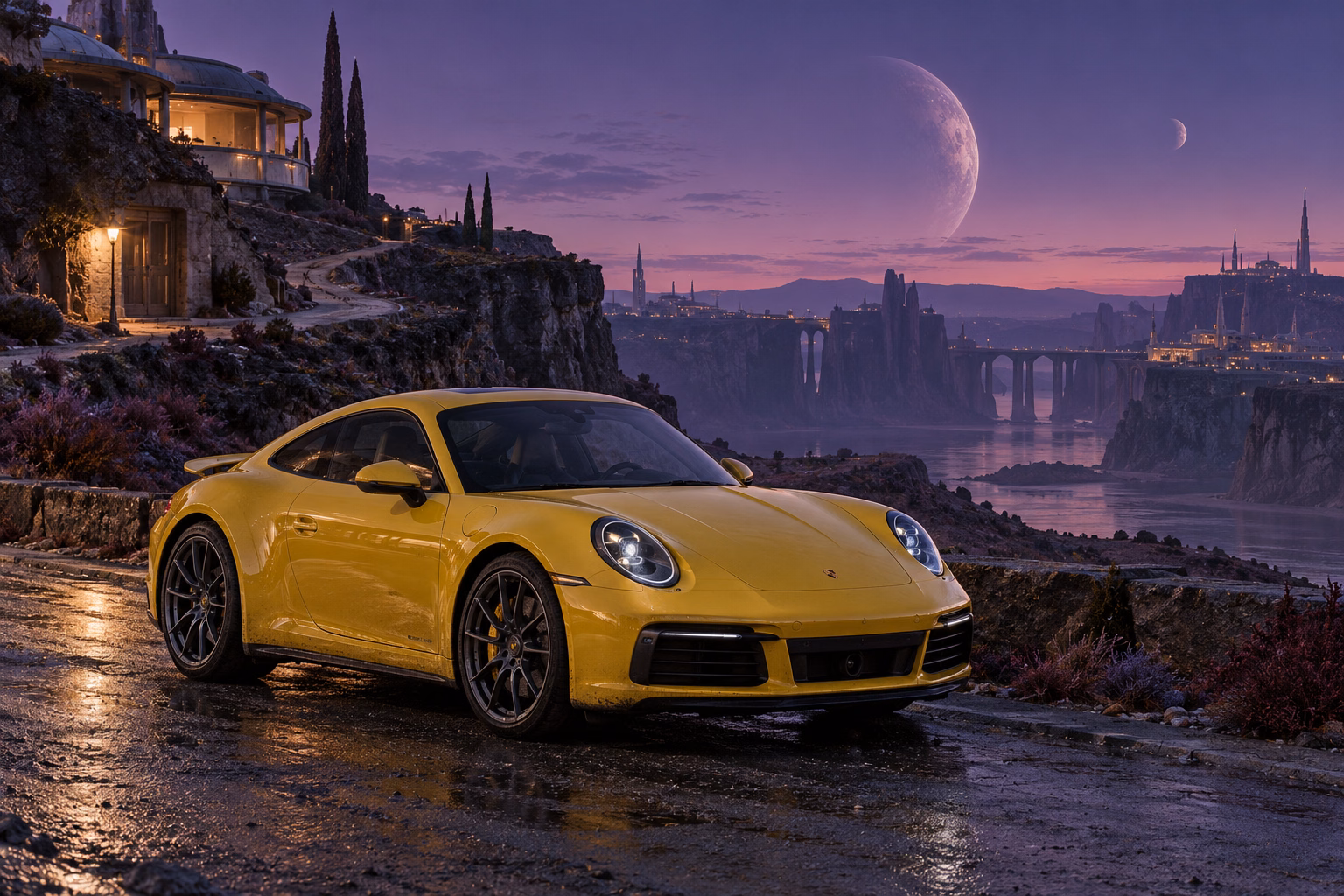 AI-generated yellow performance coupe in Velvet Dusk. Distant structures dissolve into a long violet twilight.
