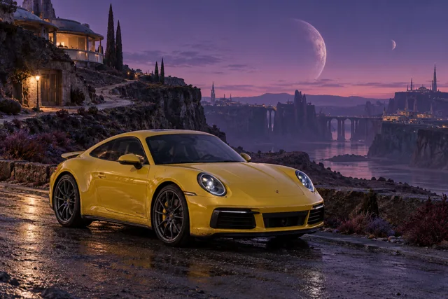AI-generated yellow performance coupe in Velvet Dusk. Distant structures dissolve into a long violet twilight.
