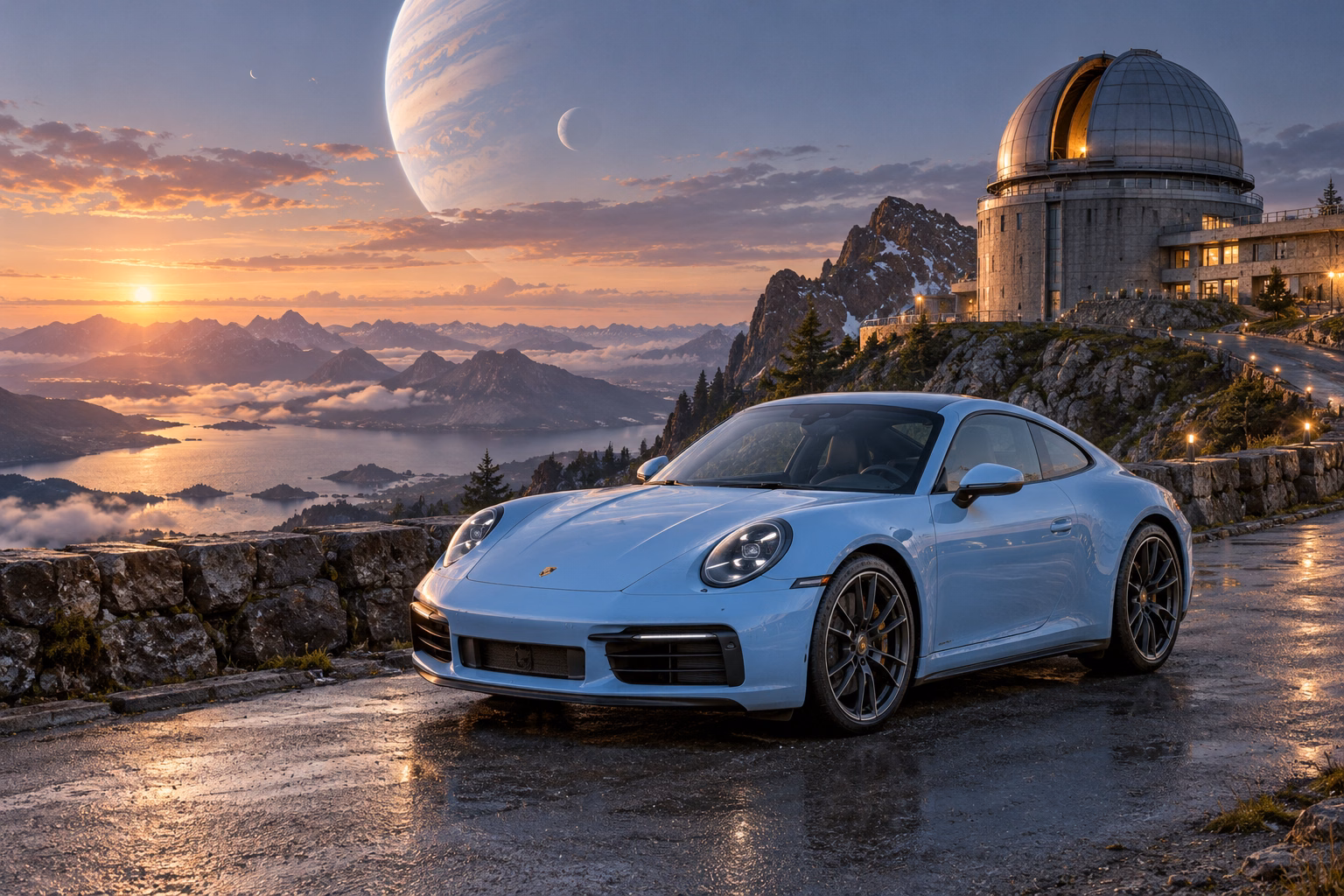AI-generated baby blue sports coupe in Wanderer’s Rest. An observatory offers a place to pause between journeys.