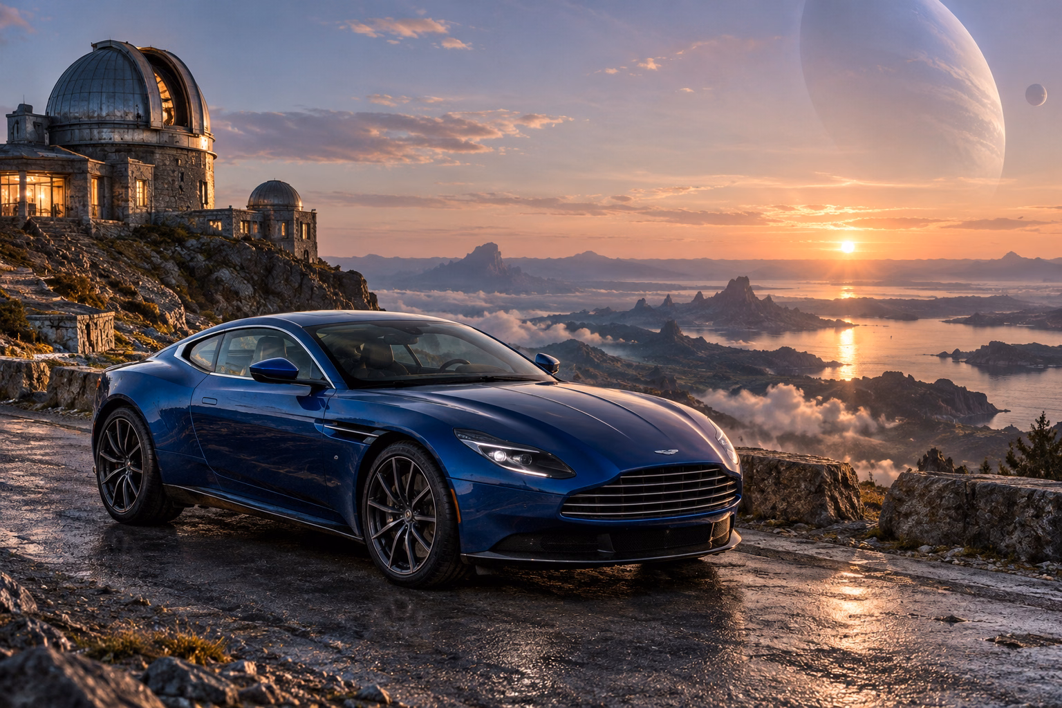 AI-generated blue grand touring coupe in Wanderer’s Rest. An observatory offers a place to pause between journeys.