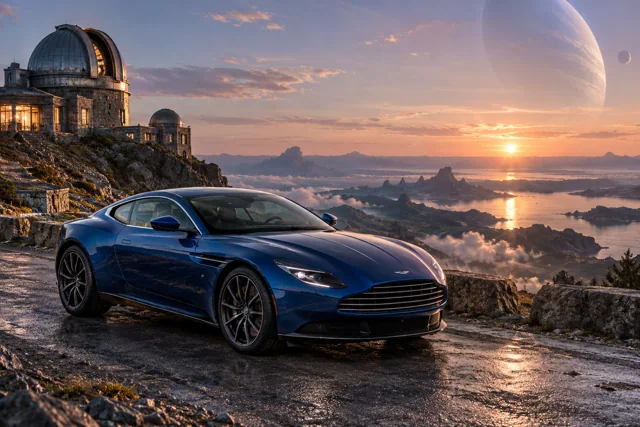 AI-generated blue grand touring coupe in Wanderer’s Rest. An observatory offers a place to pause between journeys.