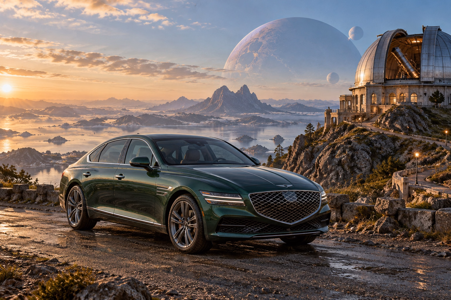 AI-generated green luxury sedan in Wanderer’s Rest. An observatory offers a place to pause between journeys.