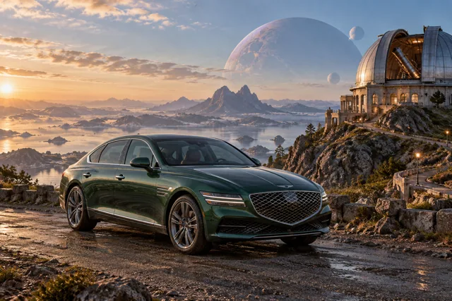 AI-generated green luxury sedan in Wanderer’s Rest. An observatory offers a place to pause between journeys.