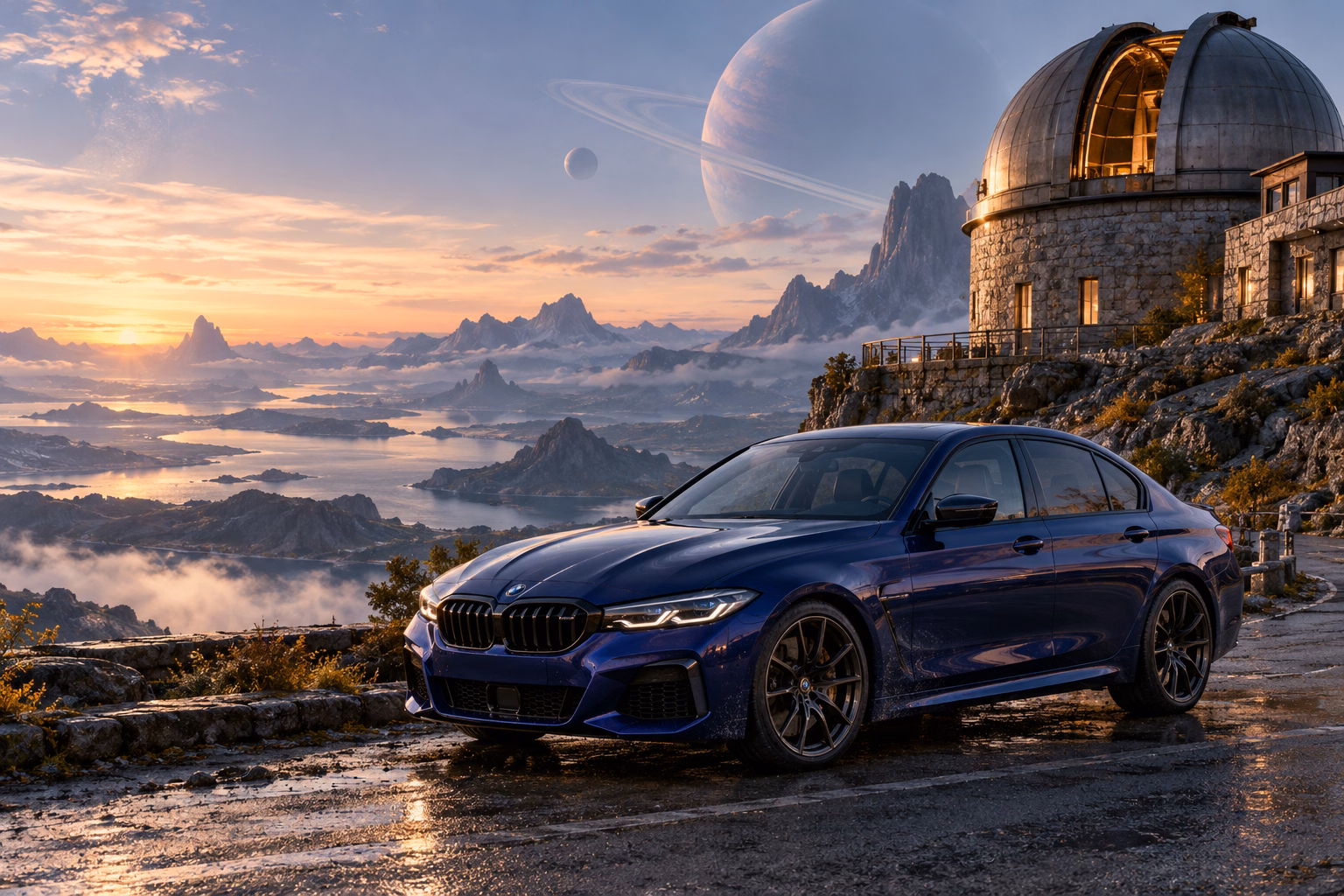 AI-generated indigo sports sedan in Wanderer’s Rest. An observatory offers a place to pause between journeys.